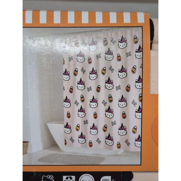 Hello Kitty Shower Curtain Halloween 72 X 72 Witch Sanrio 2024 Peach Bkgr New - Picture 3 of 4